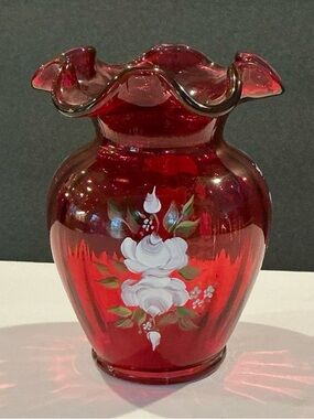 Fenton style ruffle cranberry glass vase, hand painted by C. Smith